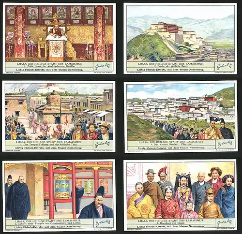 6 Sammelbilder Liebig, Serie Nr.: 1320, Lhasa, Die heilige Stadt des Lamaismus, Tracht, Gebetsmühle, Yokhang, Dalai Lama