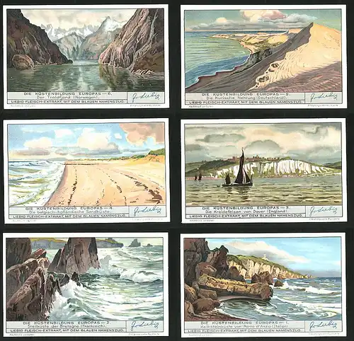 6 Sammelbilder Liebig, Serie Nr.: 1316, Die Küstenbildung Europas, Porto d`Anzio, Bretagne, Dover, Kurische Nährung