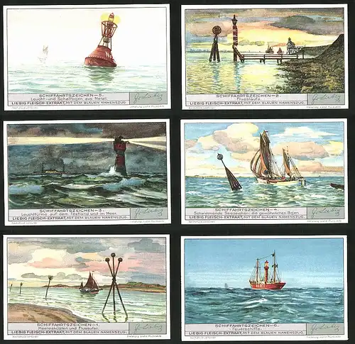 6 Sammelbilder Liebig, Serie Nr.: 1343, Schiffartszeichen, Feuerschiff, Boje, Leuchtturm, Schallboje, Leuchtboje