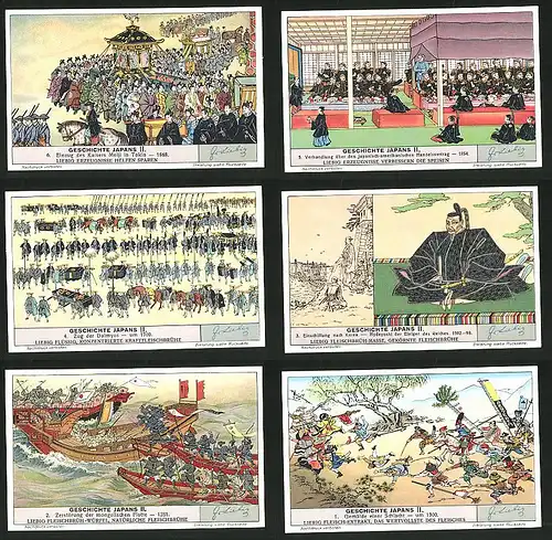 6 Sammelbilder Liebig, Serie Nr.: 1377, Geschichte Japans II., Schlacht, Mongolen, Hydeyoshi, Daimyos, Kaiser Meiji