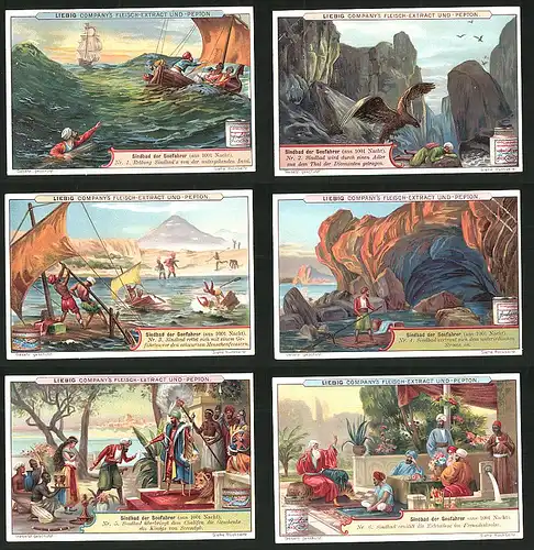 6 Sammelbilder Liebig, Serie Nr.: 644, Sindbad der Seefahrer (aus 1001 Nacht), Chalif, schwarzer Menschenfresser, Adle