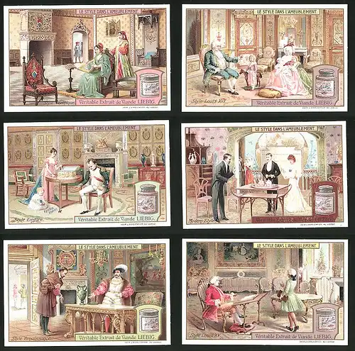 6 Sammelbilder Liebig, Serie Nr.: 978, Les Style dans l`Ameublement, Louis XV, Renaissance, Modern, Empire, Gothique