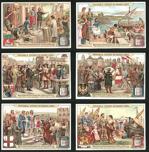 6 Sammelbilder Liebig, Serie Nr.: 957, Episodes historiques de villes célèbres, Wappen, Ritter, Steinmetz