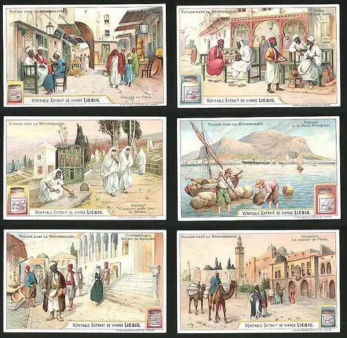 6 Sammelbilder Liebig, Serie Nr.: 874, Voyage dans la Méditerranée, Jerusalem, Konstantinopel, Palermo, Algerien, Schach