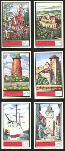 6 Sammelbilder Liebig, Serie Nr.: 1305, Jugendherbergen, Ochensfurt, Hamburg, Heidelberg, Klostermühle, Otzberg