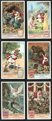 6 Sammelbilder Liebig, Serie Nr.: 1199, Perseus, Andromeda, Atlas, Medusa, Nymphen, Gräen
