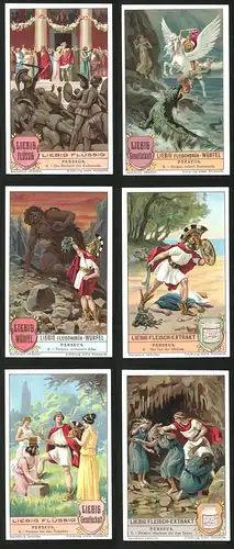 6 Sammelbilder Liebig, Serie Nr.: 1199, Perseus, Medusa, Nymphen, Gäer, Atlas