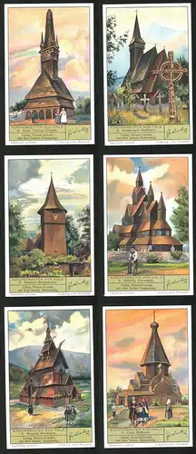 6 Sammelbilder Liebig, Serie Nr.: 1331, Kirchenbauten aus Holz, Ouna, Borgund, Hitterdal, Klastawe, Marmorosch, Russland