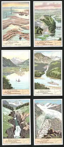 6 Sammelbilder Liebig, Serie Nr.: 1353, Der Strom, Quellen, Schluchten, Wasserfälle, Giessbäche, Delta, Mündungen