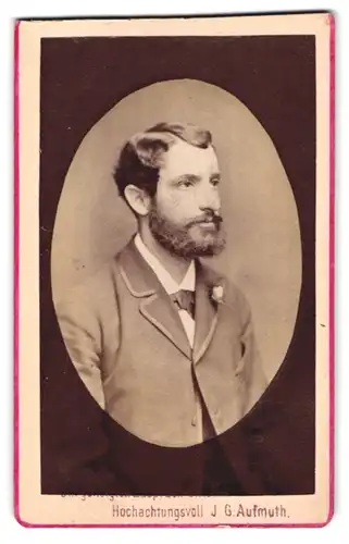 Fotografie J. G. Aufmuth, Wien, Portrait modisch gekleideter Herr mit Fliege und Bart