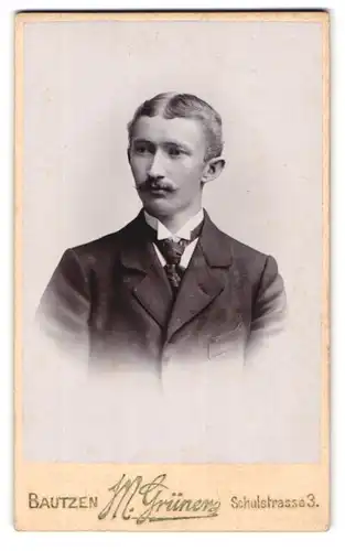 Fotografie M. Grüner, Bautzen, Portrait eleganter Herr mit Krawatte und Schnurrbart