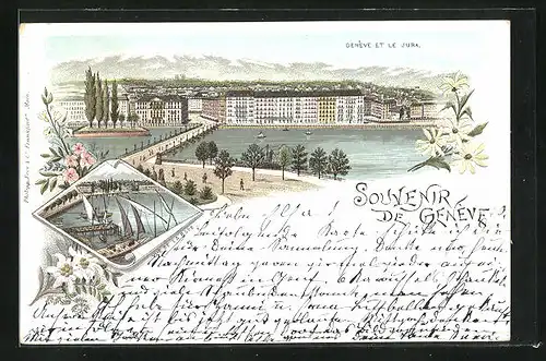 Lithographie Geneve, Panorama, vue de la Bade