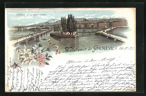 Lithographie Geneve, Panorama et le Mont-Blanc