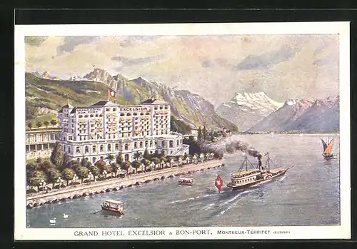 Künstler-AK Montreux-Territet, Grand Hotel Excelsior & Bon-Port