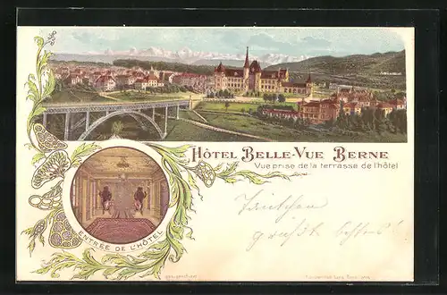 Lithographie Berne, Hôtel Belle-Vue, Entrée de L`Hôtel