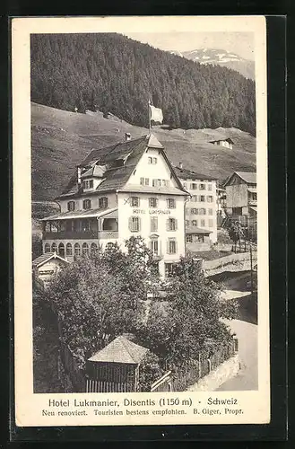 AK Disentis, Hotel Lukmanier aus der Vogelschau