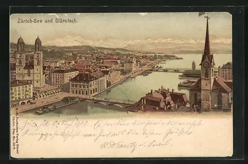 Lithographie Zürich-See, Panorama mit Glärnisch
