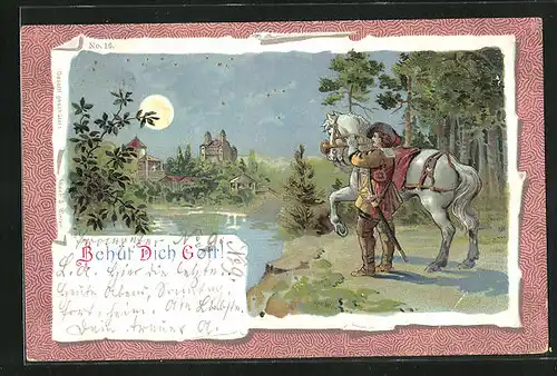 Passepartout-AK Behüt Dich Gott!, Trompeter mit Pferd vor der Stadt bei Mondschein