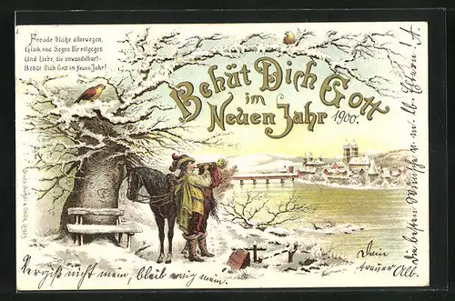 AK Behüt Dich Gott!, Trompeter mit Pferd vor der Stadt im Winter, Neujahrsgruss 1900