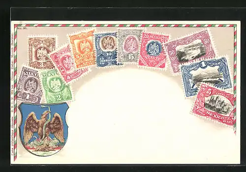 Präge-Künstler-AK Mexico, Briefmarken und Wappen