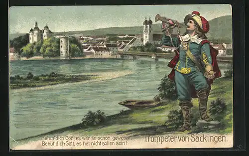 Präge-AK Behüt Dich Gott!, Trompeter von Säckingen am Ufer