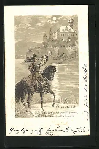 Präge-Lithographie Trompeter von Säckingen am Ufer auf seinem Pferd, Behüt Dich Gott!