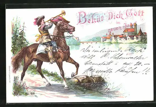 Lithographie Behüt Dich Gott im neuen Jahr!, Trompeter