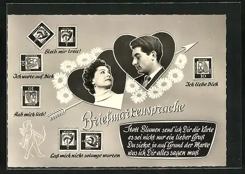 AK Briefmarkensprache, Pärchen in Herzen mit Liebespfeil, Liebesbotschaften