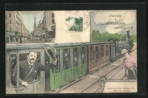 AK Villefranche-sur-Saone, Rue Nationale et Gare du Chemin de Fer Beaujolais, Passepartout