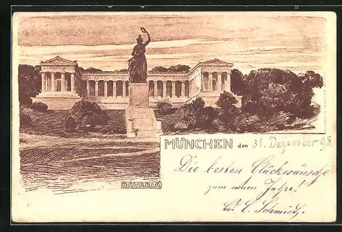 Künstler-AK München, Blick auf Bavaria, Ruhmeshalle