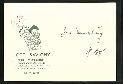 AK Berlin-Wilmersdorf, Hotel Savigny, Brandenburgische Strasse 21