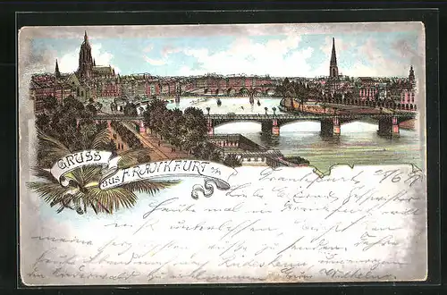 Lithographie Frankfurt a / M., Teilansicht mit Brücke