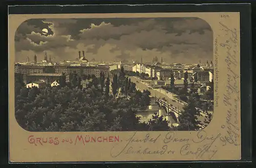 Lithographie München, Teilansicht bei Mondschein