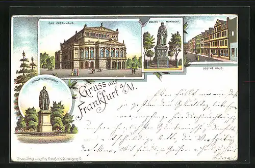 Vorläufer-Lithographie Frankfurt a / M., 1895, Das Opernhaus, Schiller Monument, Goethe-Monument