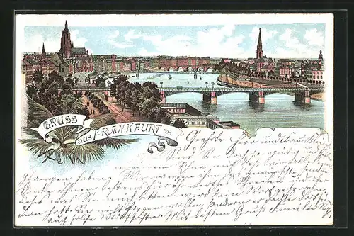 Lithographie Frankfurt a / M., Teilansicht mit Brücke