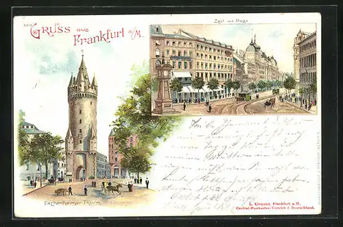 Lithographie Frankfurt a / M., Eschenheimer-Turm, Zeil mit Post