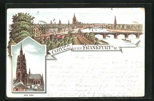 Lithographie Frankfurt a / M., Teilansicht mit Brücke, Der Dom