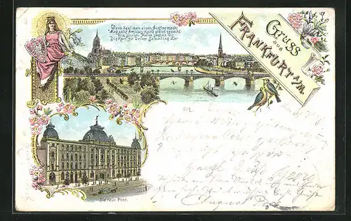 Lithographie Frankfurt a / M., Teilansicht mit Brücke, Die neue Post
