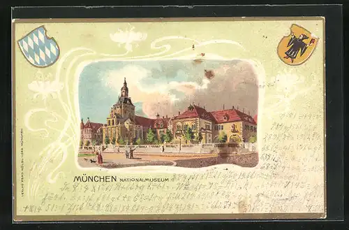 Präge-Passepartout-Lithographie München, Nationalmuseum und Wappen