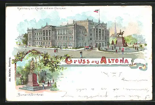 Lithographie Hamburg-Altona, Rathaus mit Kaiser Wilhelm-Denkmal