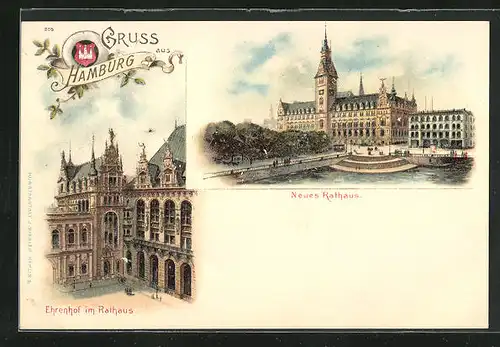 Lithographie Hamburg, Ehrenhof im Rathaus, Neues Rathaus