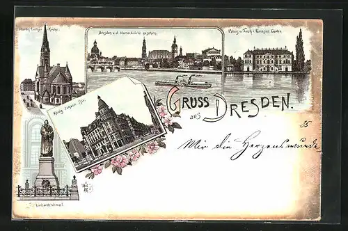Lithographie Dresden, Martin Luther-Kirche, König Johann-Str., Palais u. Teich im Grossen Garten