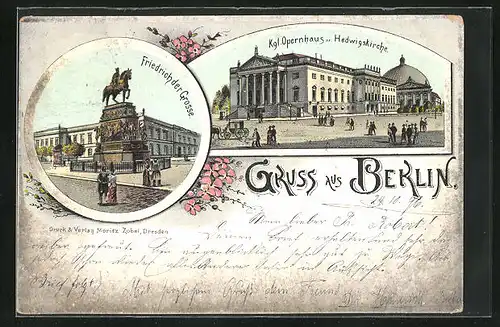 Lithographie Berlin, Königliches Opernhaus und Hedwigskirche, Friedrich der Grosse