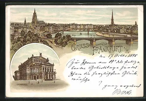 Lithographie Frankfurt a / M., Teilansicht mit Brücke, Opernhaus