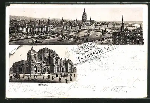 Lithographie Frankfurt a / M., Teilansicht mit Brücke, Börse