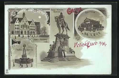 Mondschein-Lithographie Frankfurt a / M., Römer u. Römerberg, Kaiser Wilhelm Denkmal, Opernhaus