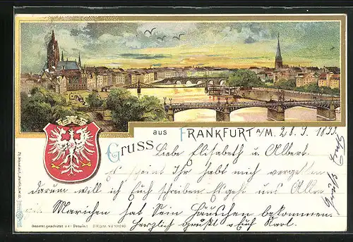 Lithographie Frankfurt a / M., Teilansicht mit Brücke und Wappen