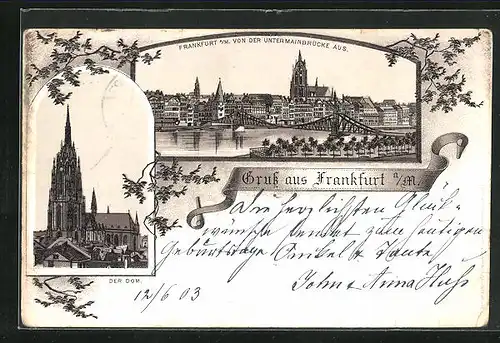 Lithographie Frankfurt a / M., Teilansicht von der Untermainbrücke aus, Der Dom