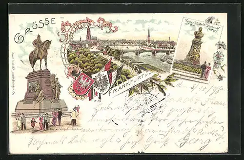 Lithographie Frankfurt a / M., Teilansicht mit Brücke, Kaiser Wilhelm Denkmal auf dem Posthof, Kaiser Wilhelm Denkmal