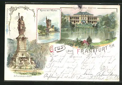 Lithographie Frankfurt a. M., Zoologischer Garten, Ruine mit Weiher und Schützenbrunnen